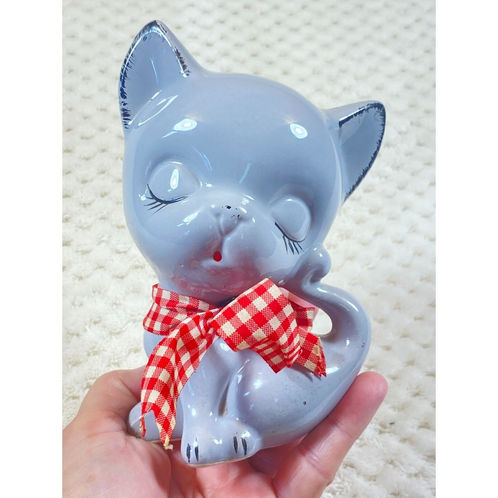Vintage Kitsch Ceramic Big Head Sleepy Eyes Cat Kitten Figurine Gray Japan